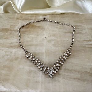 Vintage rhinestone bib choker necklace silver glam